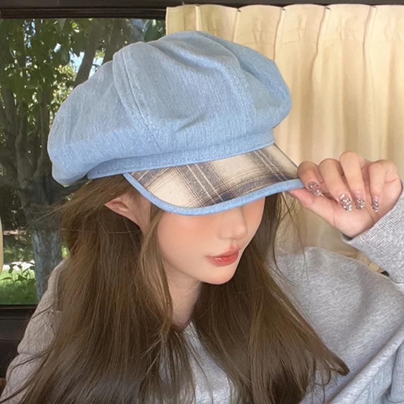 2024 New Korean Versatile Octagonal Hats for Women Summer Autumn Travel Sunscreen Casual Retro Short-brimmed Denim Berets Cap