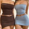 Women's Two Piece Skirt Set Strapless Bandeau Tube Crop Top And Bodycon Mini Skirt Set Summer Sexy Club Outfit
