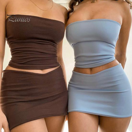 Women's Two Piece Skirt Set Strapless Bandeau Tube Crop Top And Bodycon Mini Skirt Set Summer Sexy Club Outfit