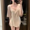 Women's Modal V-Neck Loose Casual Top - Solid Color, Half Short Sleeve, Hip-Length, Summer Fit