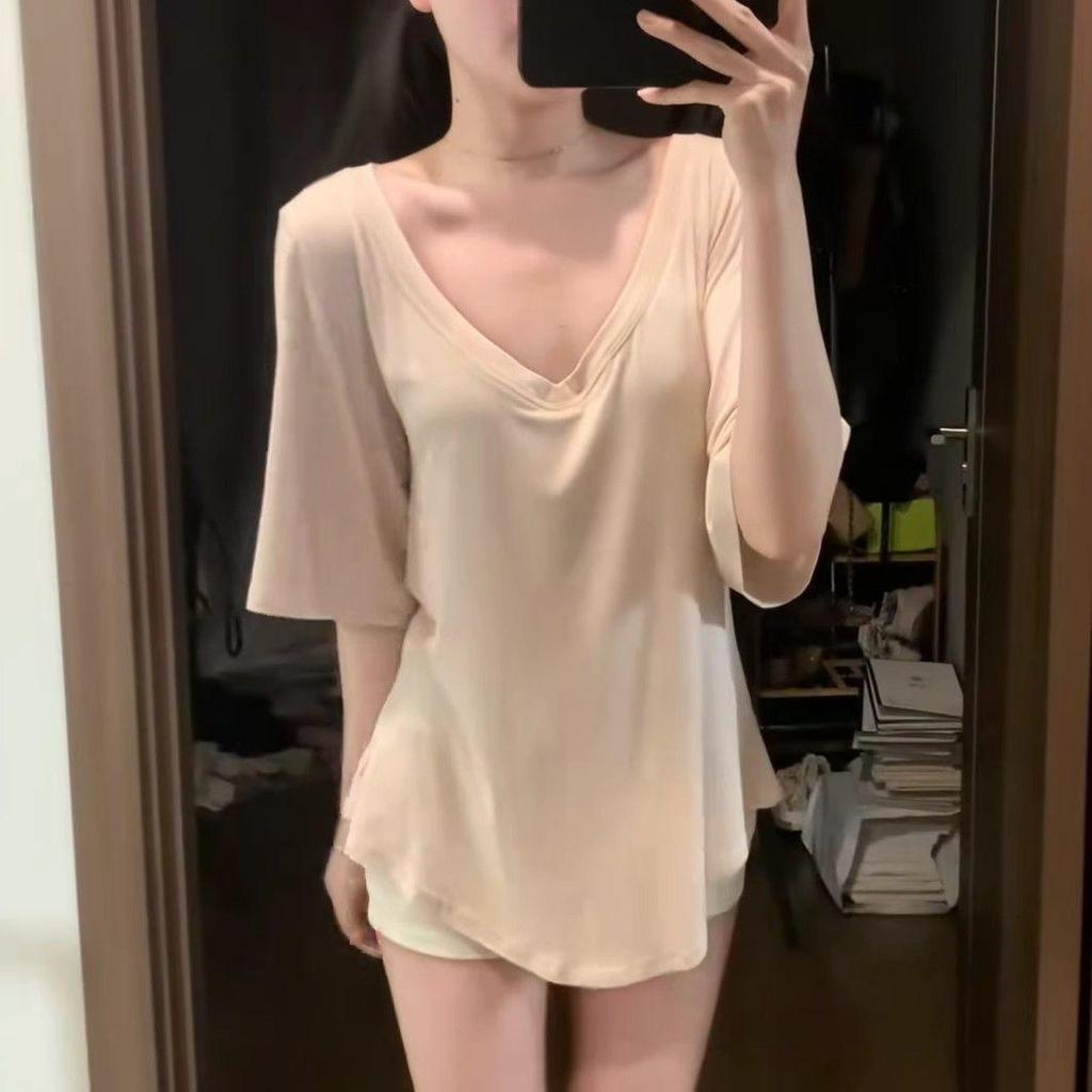 Women's Modal V-Neck Loose Casual Top - Solid Color, Half Short Sleeve, Hip-Length, Summer Fit