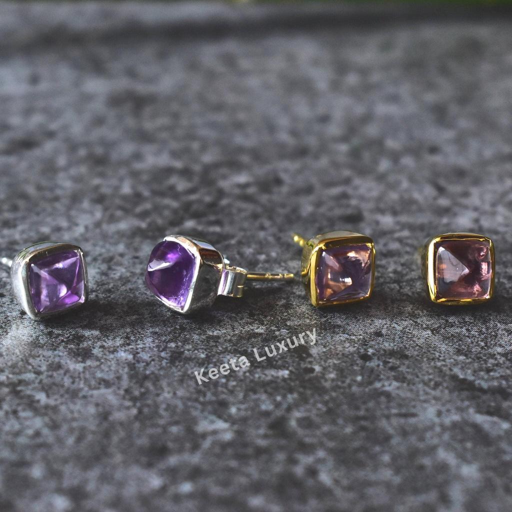 Amethyst Earrings, Amethyst Minimalist Stud Earrings, Sugar Loaf Shape, Gold Filled, Sterling Silver, Mother's Day Gift, Daily Wear Studs