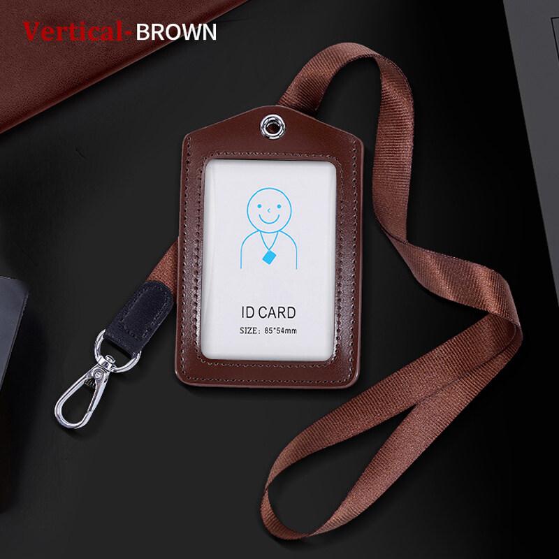 Formal Business ID Badge Holder Durable Real Leather Work Chest Card Pouch with Lanyard Simple Classic Black Stationery