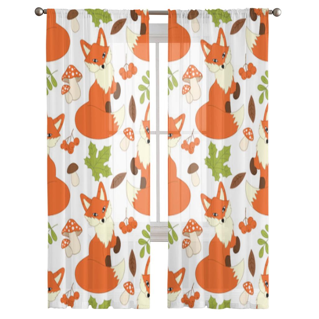 Cute Foxes Mushrooms Berries Leaves Sheer Curtains for Living Room Transparent Tulle Window Curtain Bedroom Kitchen Veil Drapes