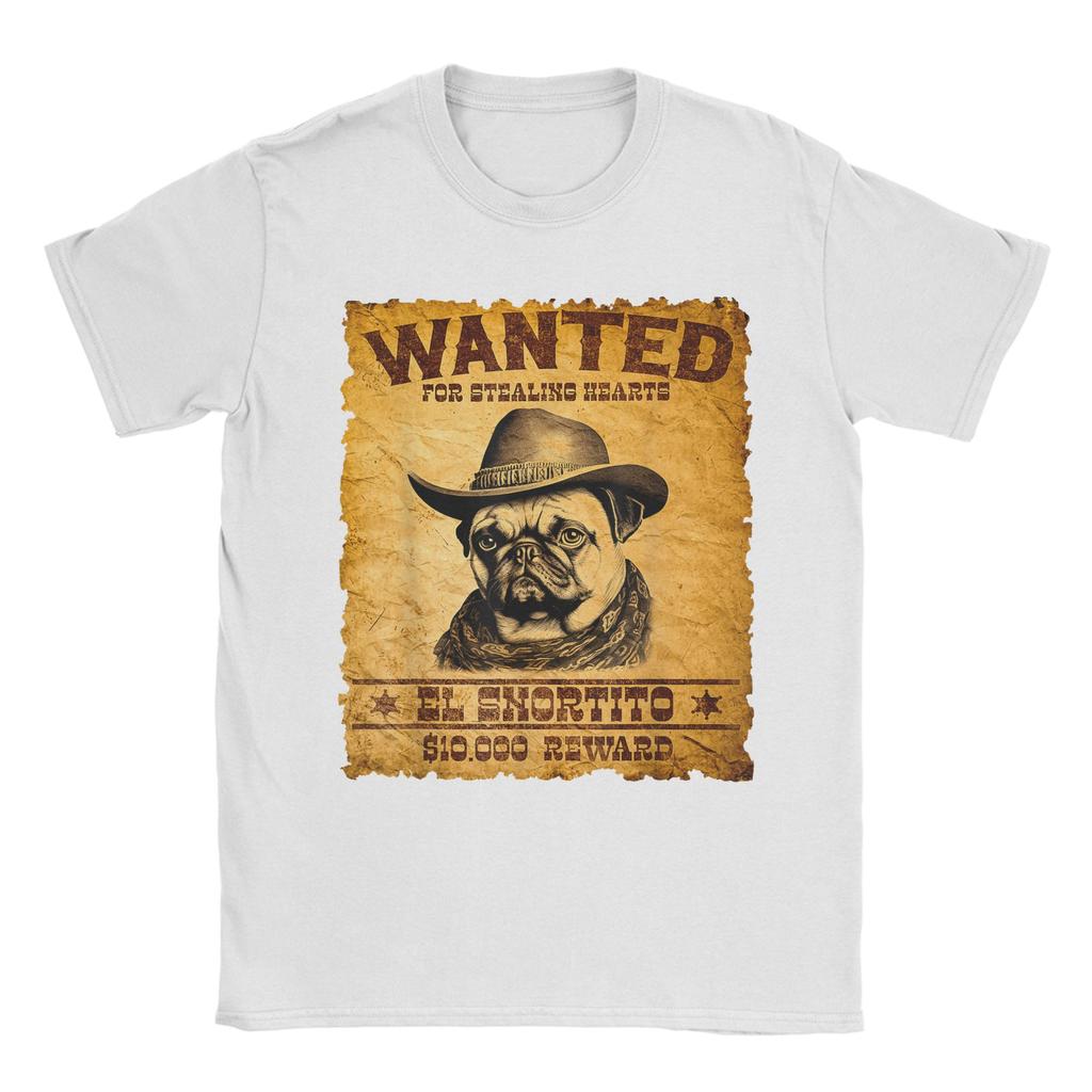 Summer Wanted Poster Cute Western Cowboy Pug Dog Hip Hop T-Shirts 100% Cotton Tee Shirt Custom Logo Short Sleeve Clothes
