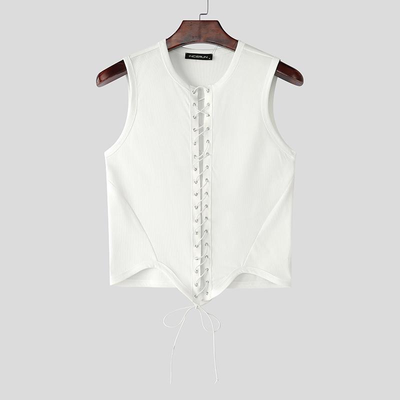 

INCERUN Men Summer Sleeveless Bandage Lace Up Irregular Skinny Crop Tank Tops 2XL