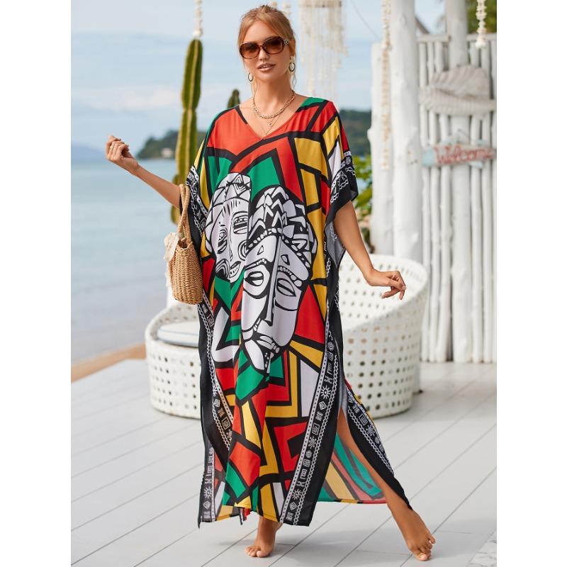 Moda Donna Estate Primavera Stampa a Blocchi di Colore Maniche 1/2 Scollo a V Linea Vita Lassa Abiti Casual