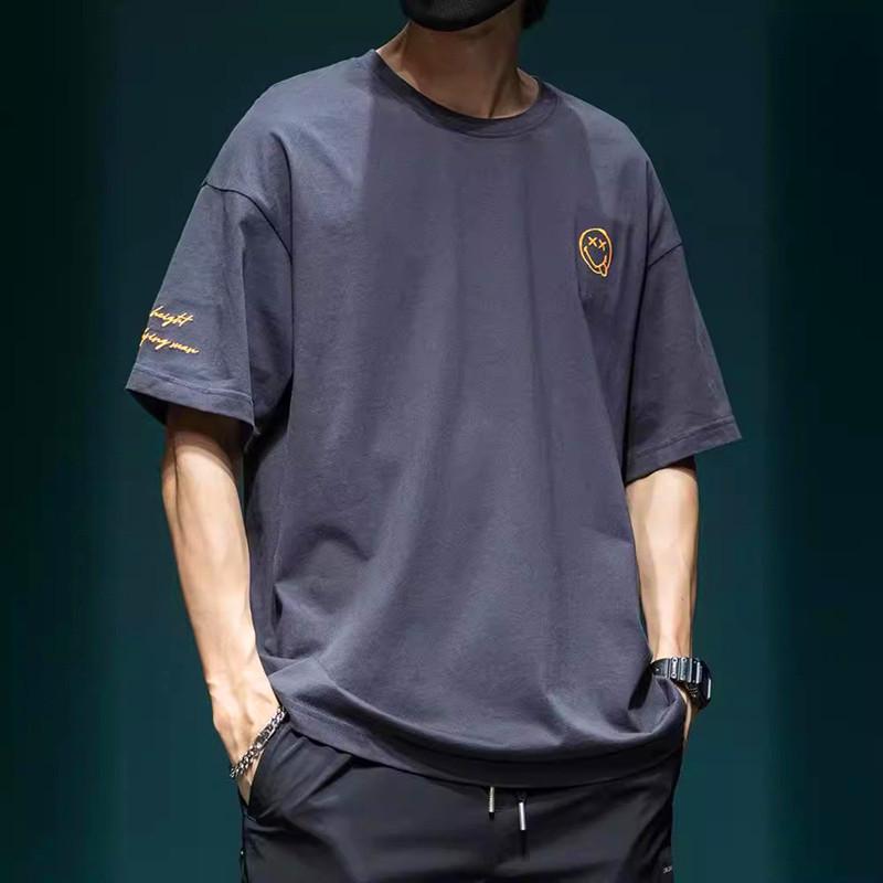 Men's 2024 Summer Plus Size Smiley Face Embroidery Short Sleeve Casual Cotton T-Shirt