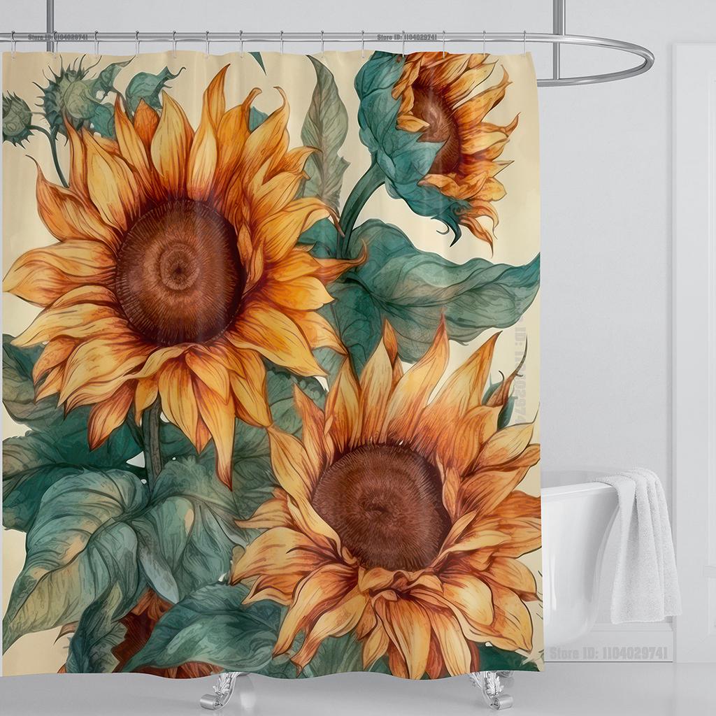 Sunflower Flower Shower Curtain Waterproof Shower Curtain Polyester Fabric 3D Printed Curtain Bathroom Decoration With Hooks