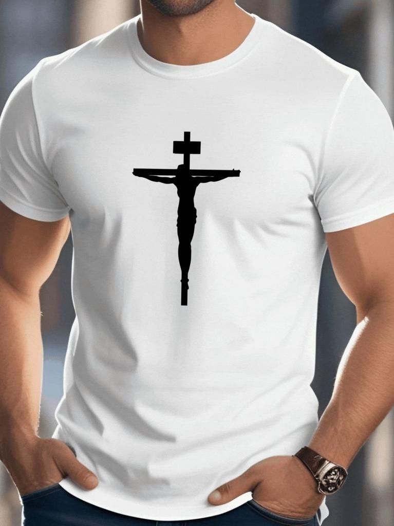 Jesus Crucifix Cross Silhouette Print Unisexs Crew Neck Soft Cotton Short Sleeve Religious Faith Casual Daily Basic Streetwear Tees