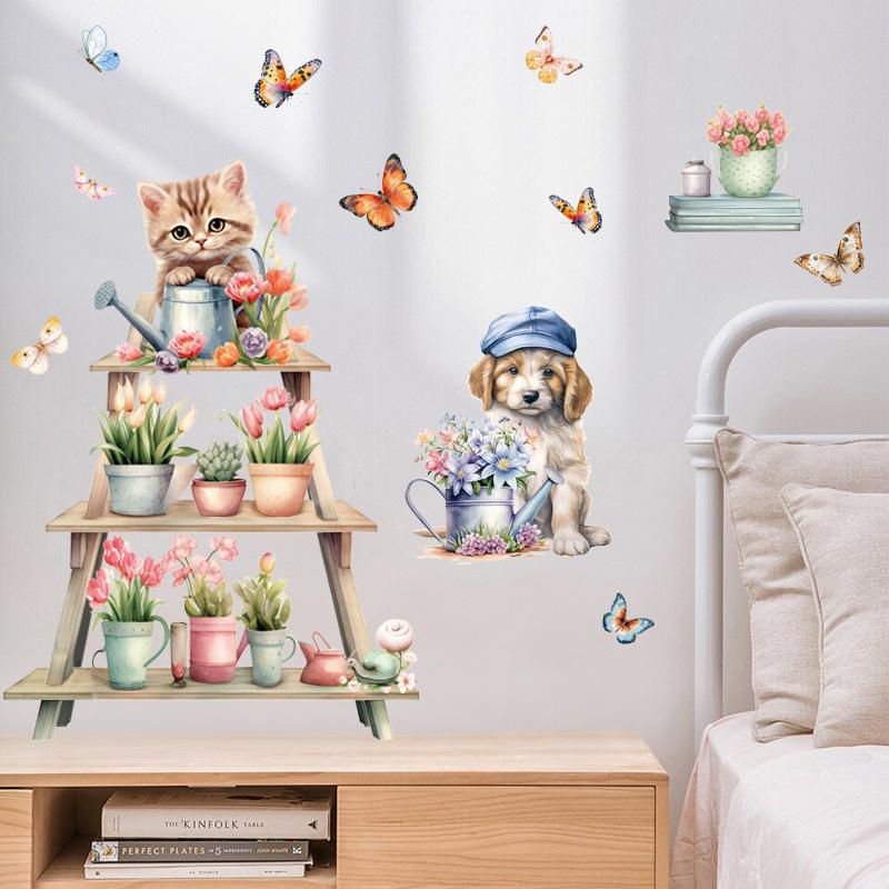 Cartoon Cat Flowers Potted Plants Wall Stickers Fake Windows Warm Bedside Bedroom Decorative Decal Stickers Wallpaper