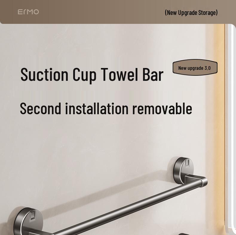 No-Drill Suction Cup Towel Rack: Wall-Mounted Bathroom Organizer with Single/Double Bars.