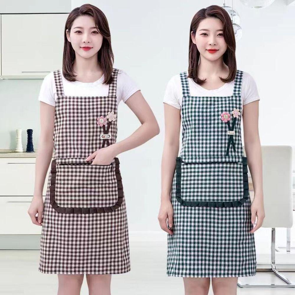 Household Plaid Women Apron Cotton Overalls Oil-proof Chef Aprons Large Pocket Cooking Apron Home Cooking