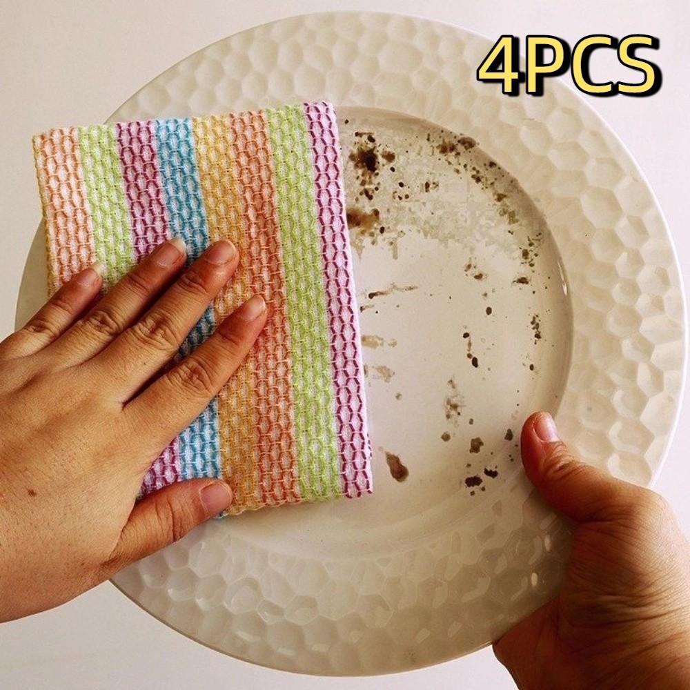 4PCS Soft Kitchen Towels Striped Pattern Scouring Pads Multifunctional Kitchen Rag  Kitchen Cleaning