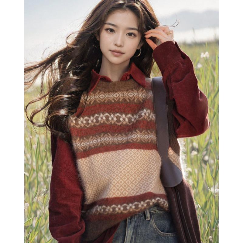 Striped Jacquard Knit Vest for Layering with Shirt in Autumn Winter Stylish Sweater