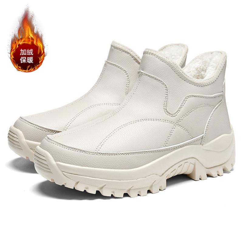 Large size leather velvet cotton shoes side zipper winter warm and cold-resistant outdoor hiking snow boots