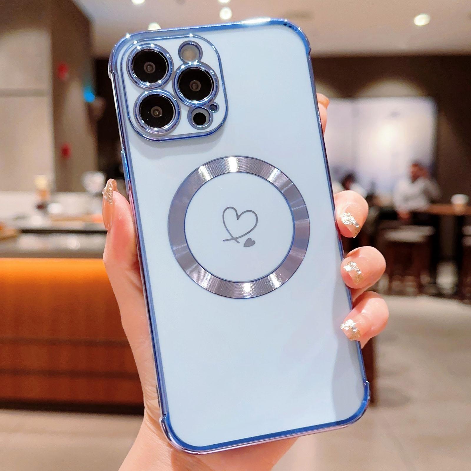 

For iPhone 14 Pro Max Case Compatible with MagSafe Electroplated TPU Phone Cover Hollow Love Hearts Blue