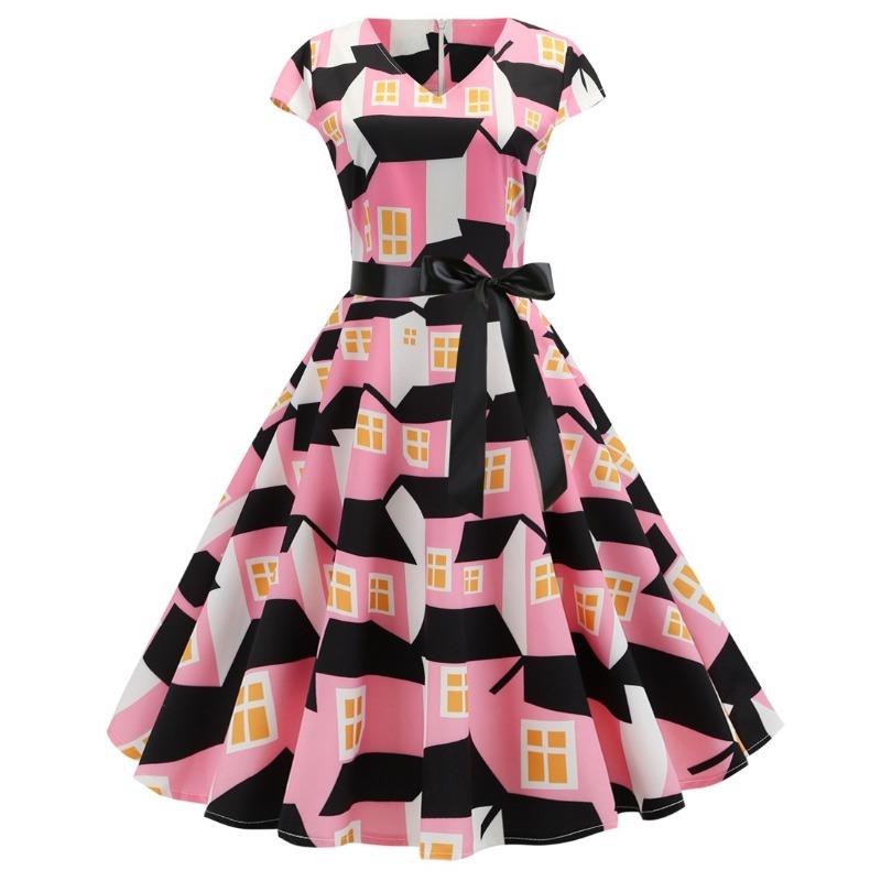 Vintage supply V-neck cover sleeve full body print big swing skirt with black ribbon