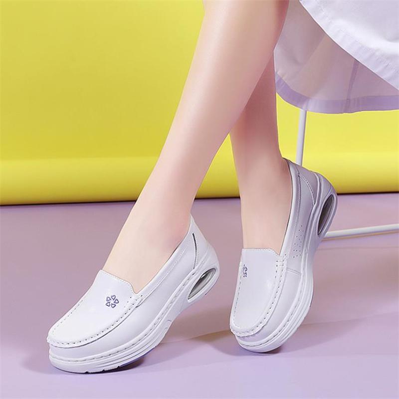 Fashion Women Genuine Leather Flat Nurse Shoes Casual White Wedge Fashion Slip on Non-slip Loafers Women Comfort Hollow Out Work Shoes