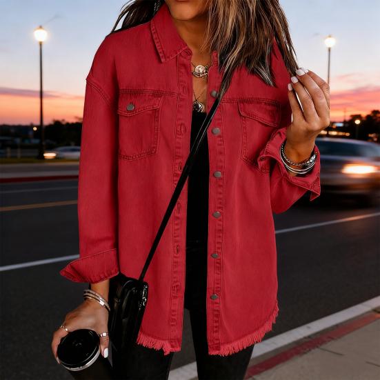 Women's Oversized Denim Jacket Button Up Distressed Jean Jacket Long Sleeve Frayed Hem Shacket Casual Fall Outfits