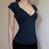 Retro Basic Low-cut V-neck Solid Color Versatile Short-sleeved T-shirt Simple Temperament Pure Desire Style Slim-fitting Bottoming Top