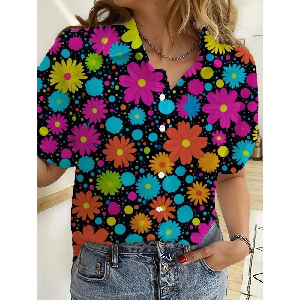 Floral Womens Shirts Short Sleeve Button Rose 3D Printed Casual Beach Shirt Summer New Sunflower Blouse Y2k Tops Women's Clothes