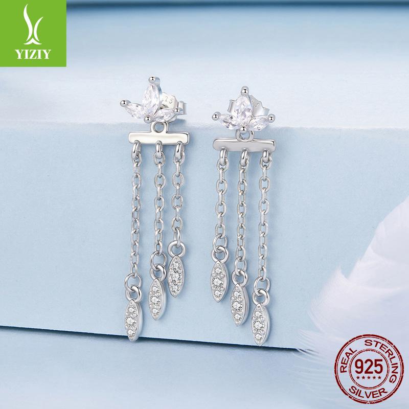 S925 Sterling Silver Small Flower Fringed Front And Rear Structure Stud Earrings Light Luxury Smart Fairy Wind Stud Earrings