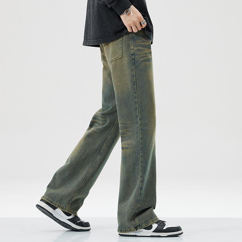 Men's Washed Retro Blue Micro-Flare Jeans - Spring/Summer Straight Loose American Trend, Wide Leg Long Pants