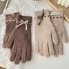 Autumn and Winter New Solid Color Cute Bow Korean Style Sweet Split Finger Touch Screen Student Cold Proof Warm Gloves