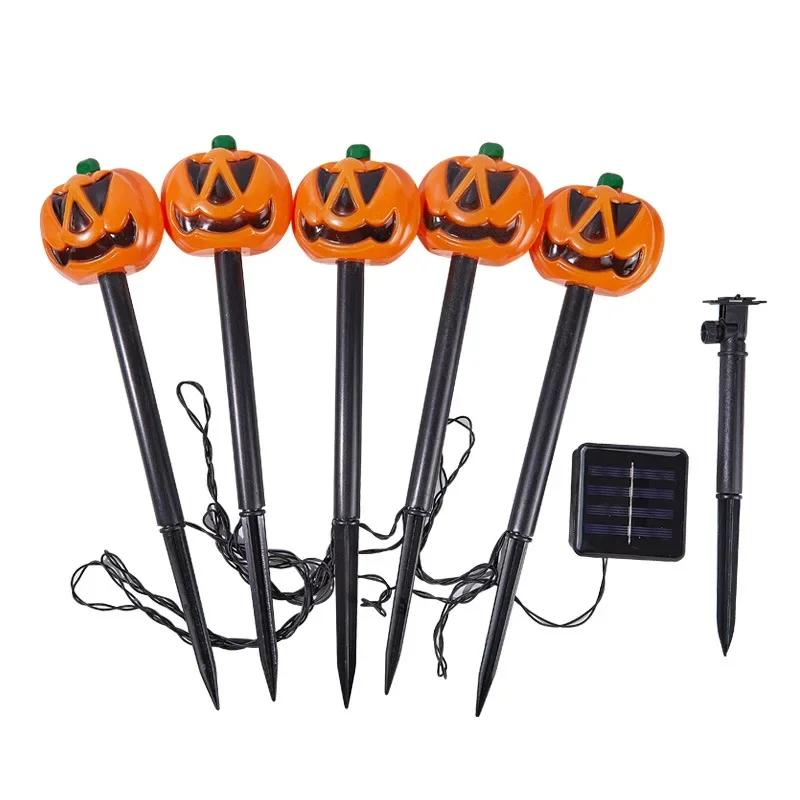 Solar Halloween Pumpkin Pathway Light Decorations LED Halloween Pumpkin Stake Lights Set of 5 Lighted Outdoor Pumpkin Lawn Lamp