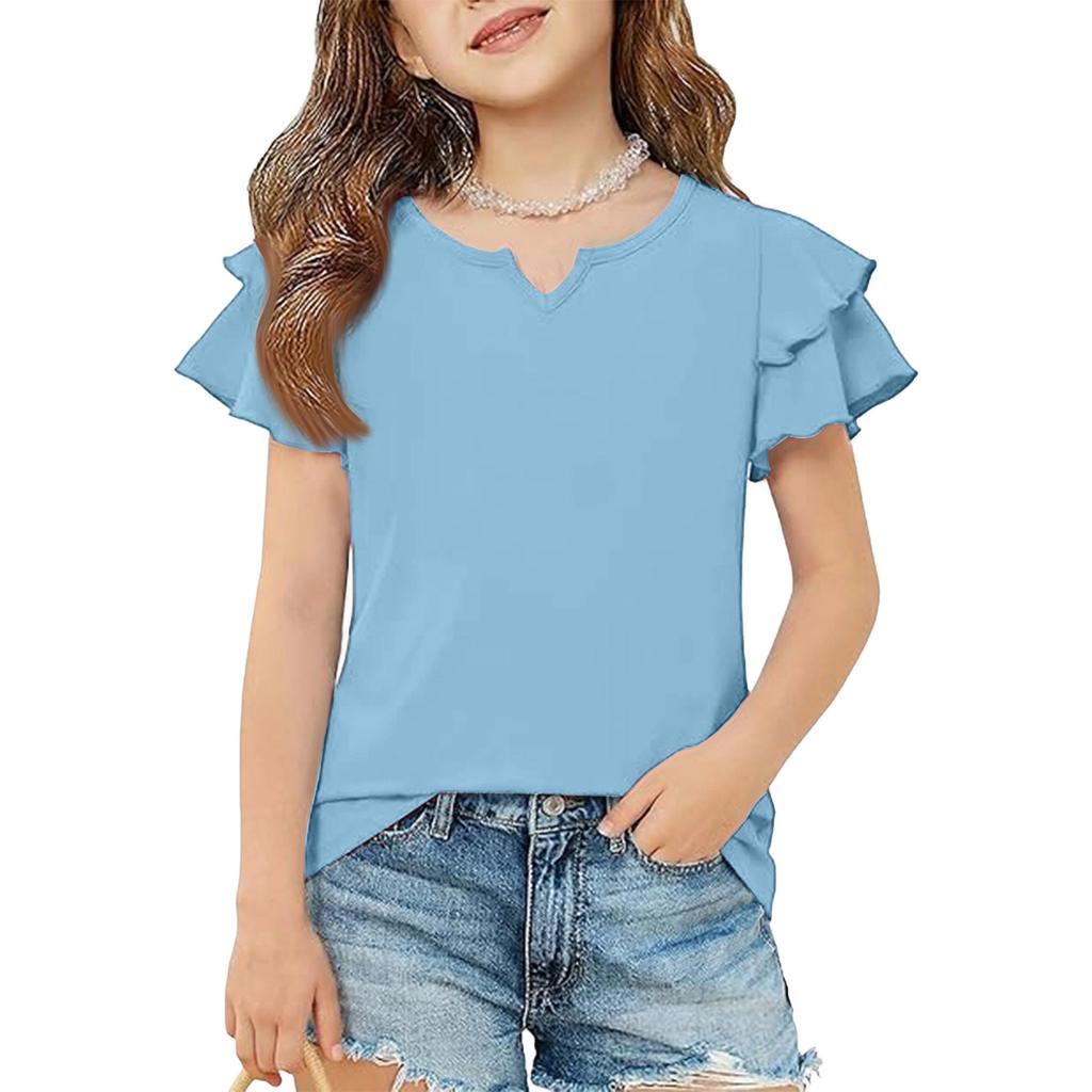 Girls' V-Neck Ruffle Tee - Short Sleeve Summer Blouse