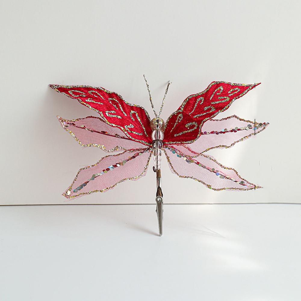 

Double Sequins Christmas Dragonfly Decorations Flocking Xmas Tree Decoration Home Decor красный