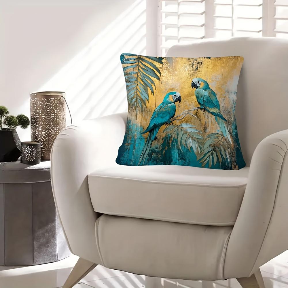 2D Flat- Boho Tropical Teal Macaw Parrot Throw Pillow Cover Gold Foil Palm Leaf Cushion Case for Home Decor