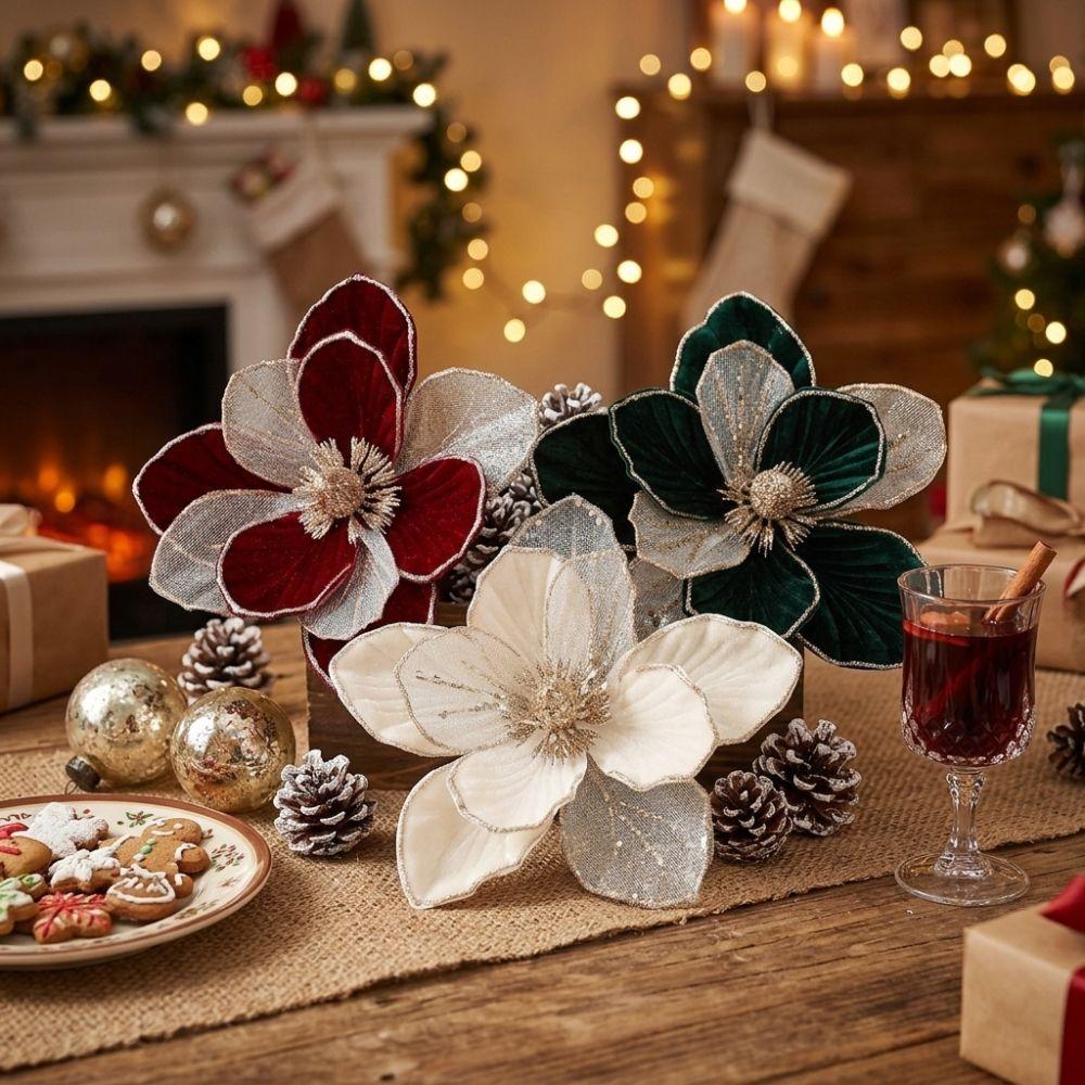 Samttextur Künstliche Weihnachtsblume Funkelnde Realistische Kunst-Magnolienblüte Dreischichtiges DIY-Bastelobjekt
