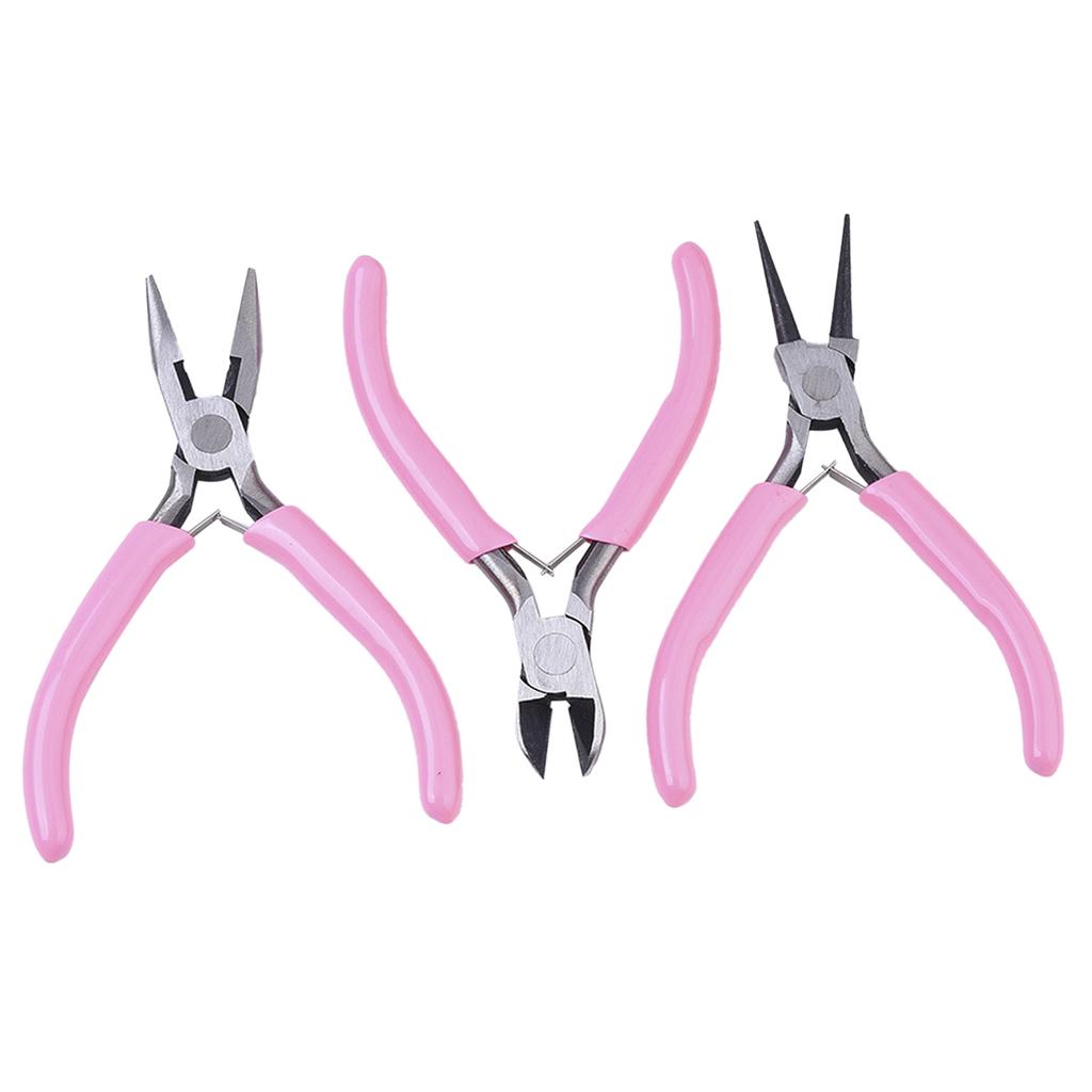3Pcs Pliers Set Pink Handle Carbon Steel Round Nose Pliers Shear Pliers Side Cutting Pliers DIY