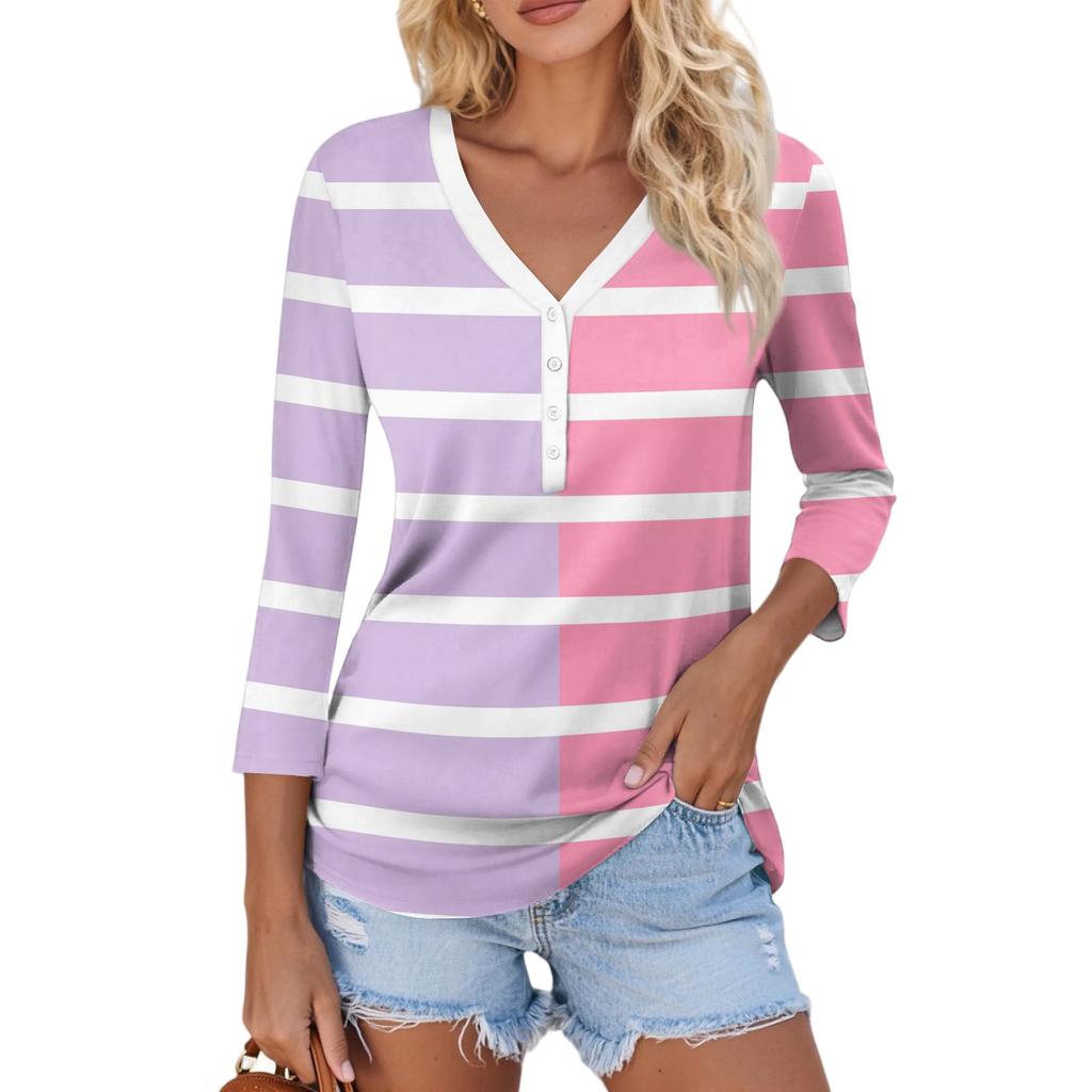 Damen Casual Mode Sexy Bequem V-Ausschnitt Knopf Streifen Patchwork Farbe Dreiviertelarm Oberteil