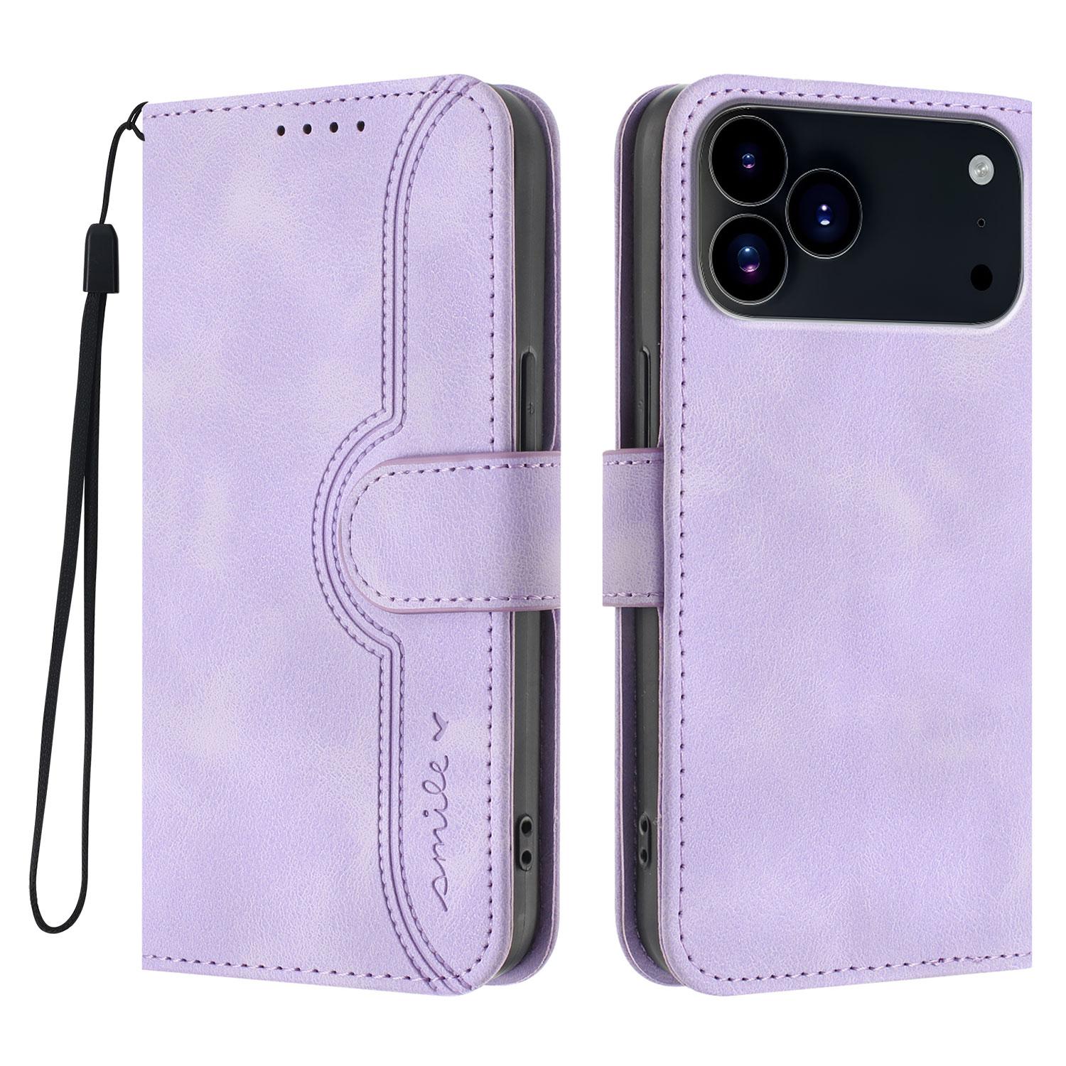 

For iPhone 17 Pro Leather Case Wallet Stand Smile Imprinted Phone Cover with Strap Purple