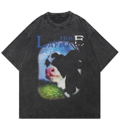 T-shirt Streetwear con Grafica Mucca Cotone Oversize Lavata Nera T-shirt Unisex Top Magliette Estiva Maniche Corte