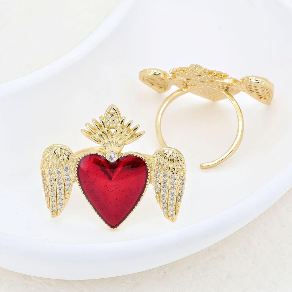 Anello a Forma di Cuore in Oro 18K Placcato con Zirconi e Finitura a Goccia d'Olio