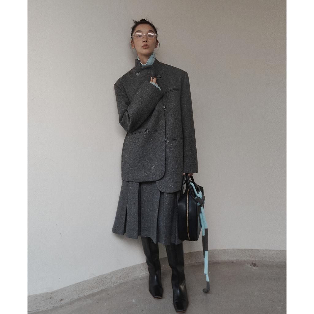 College Style Dot Wool Suit for Women Winter Gray Silhouette Thick Woolen Coat