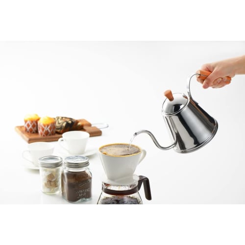 Yoshikawa SH7090 Stainless Steel Drip Coffee Pot, 1.1L, Narrow Mouth, Wooden Handle, Made In Japan, Gas and Induction Compatible