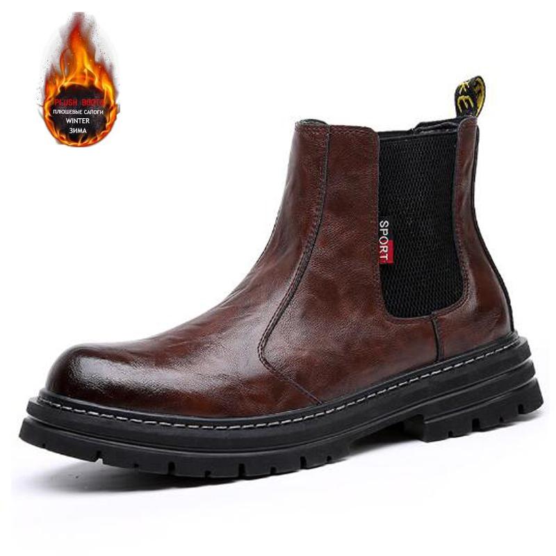 Men Autumn Winter Motorcycle Boots Trend Leather Plus Fleece Warm Work Retro Platform Chelsea Shoes Comfortable Durable
