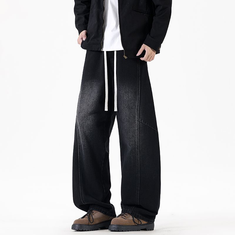 American retro trendy brand splicing scimitar jeans men's trend loose wide legs drape elastic waist long pants men