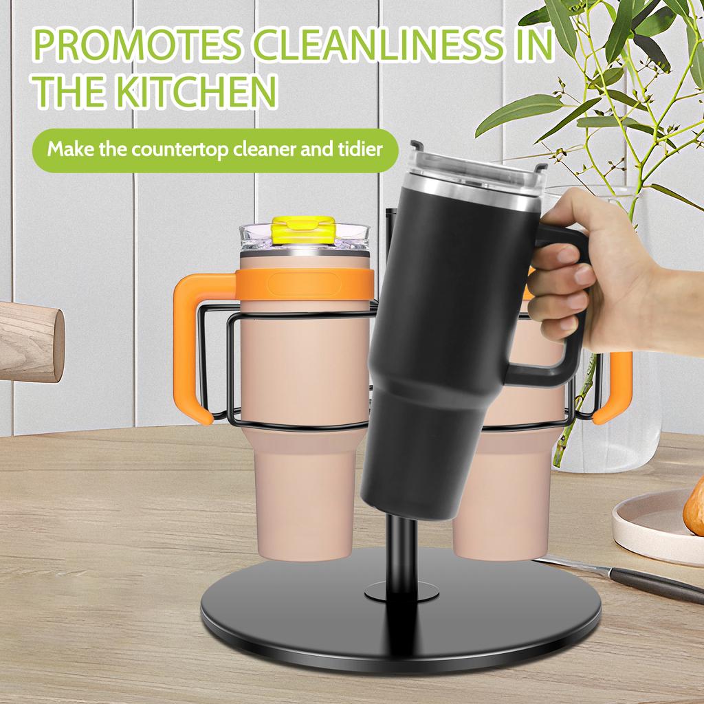 360° Rotatable Cup Organizer 40oz Cup Carbon Steel Tumbler Holder 3 Slots Water Bottle Storage Rack Cup Accessories for Kitchen
