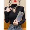 Korean Style Beaded High Neck Knitwear for Women - Long Sleeve, Hollow Out Slim Fit Sweater for Autumn/Winter