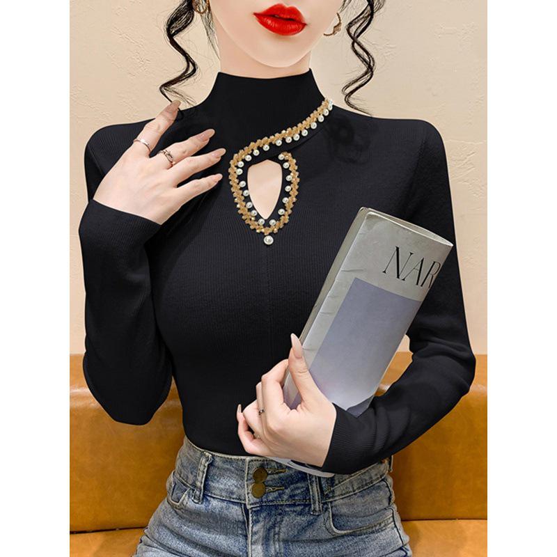 Korean Style Beaded High Neck Knitwear for Women - Long Sleeve, Hollow Out Slim Fit Sweater for Autumn/Winter