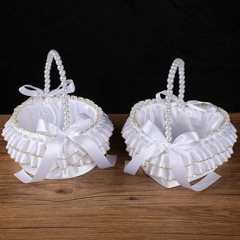 Decorative Pearls Embellished Storage Basket With Golden Edges for Wedding Reception Party Decorations