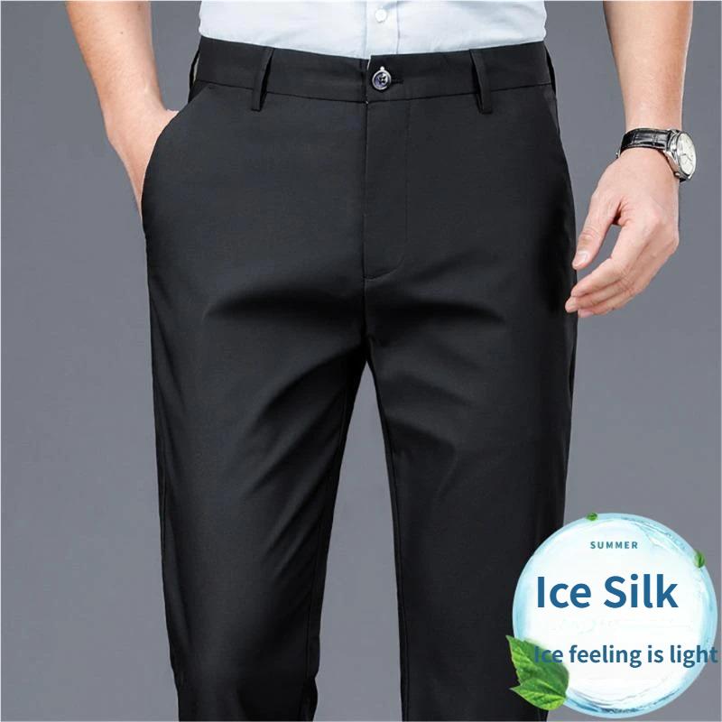 Men's  Ice Silk Trousers New Version of Business Straight Vertical Elastic Suit Pants Summer Senior Casual Trousers