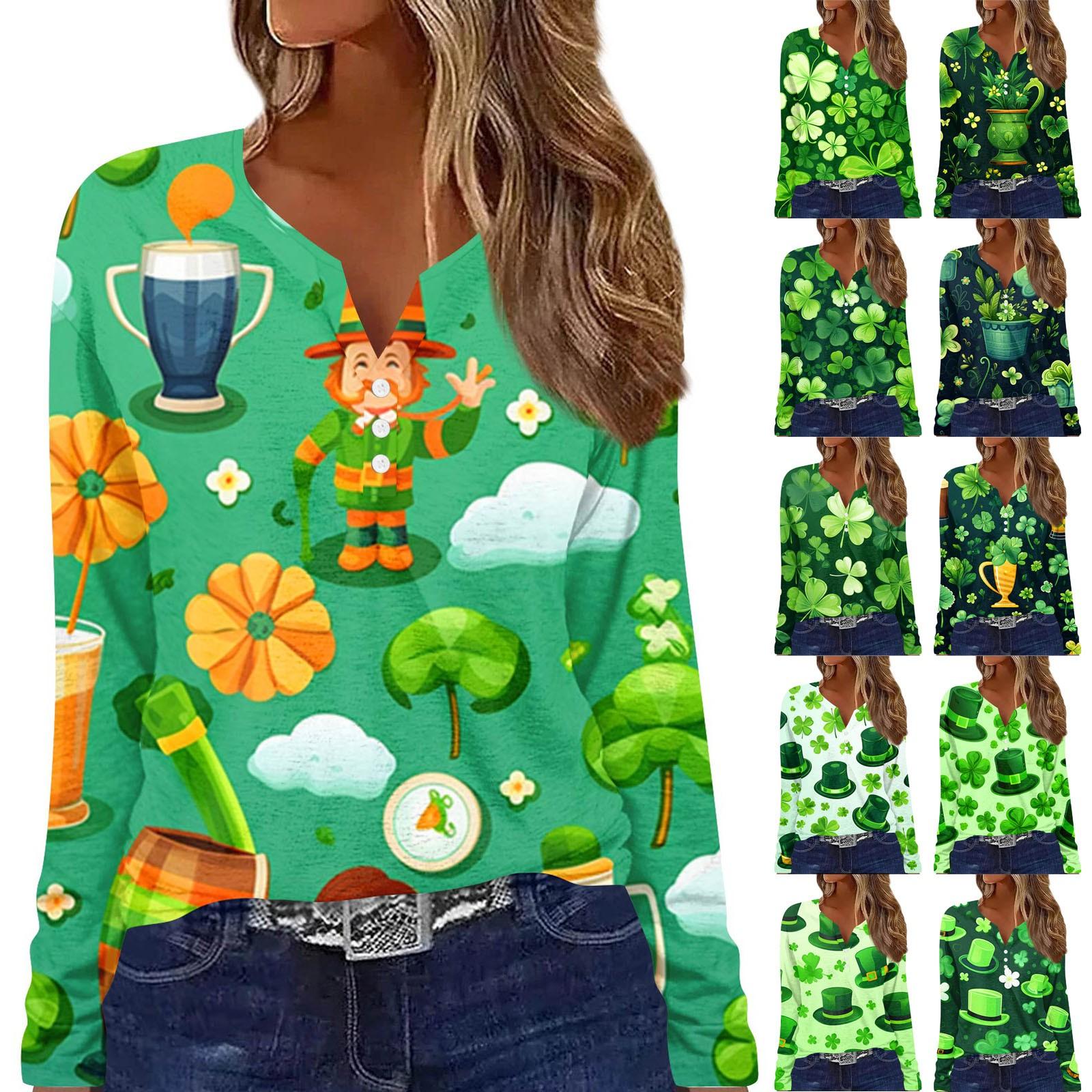 

Женская футболка на пуговицах с длинным рукавом St. С принтом в честь Дня Святого Патрика, модный базовый топ с v-образным вырезом, повседневный и выходной L