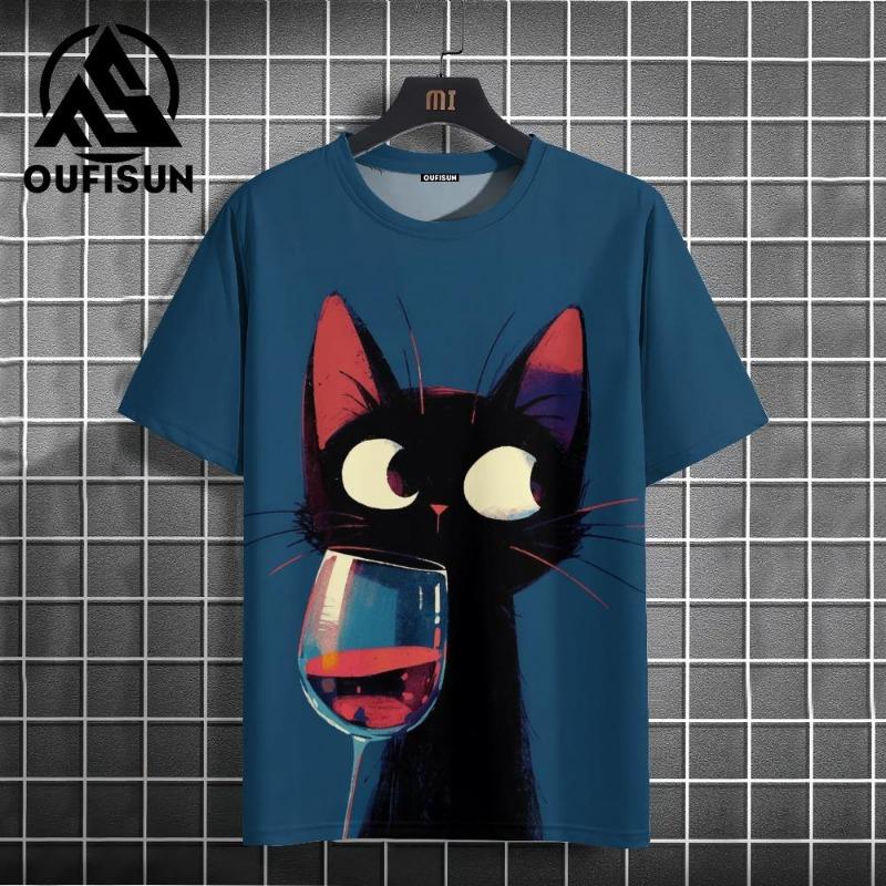 Letní pánské tričko Animal Cute Cat Print Crew Neck Krátký rukáv Tričko Street Trend Tops Nadměrné pánské oblečení Tričko pro muže